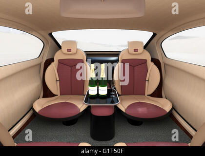 Concept intérieur voiture autonome. Servir frais d'intérieur de luxe service de boissons. Le dossier du siège conducteur équiper avec moniteur LCD. Banque D'Images