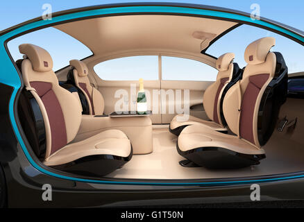 Concept intérieur voiture autonome. Servir frais d'intérieur de luxe service de boissons. Le dossier du siège conducteur équiper avec moniteur LCD. Banque D'Images