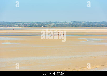 Voir des murs du Mont Saint Michel dans la baie pendant la marée basse avec des groupes de touristes à pied. France Banque D'Images