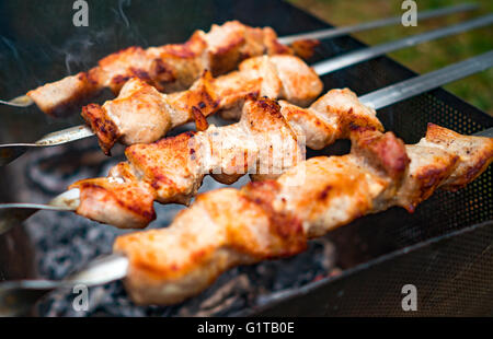 Shish kebab sur des brochettes de métal de pique-nique extérieure Banque D'Images