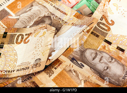 Close up of brown brouillés vingt rand bank note contexte Banque D'Images