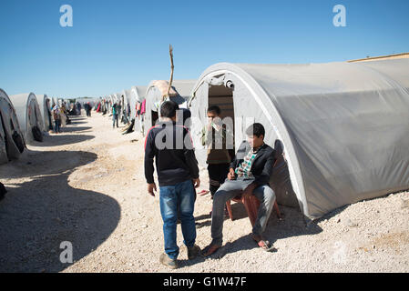 Réfugié kurde les garçons se tiennent à l'extérieur de leur tente, dans un camp de réfugiés dans la ville turque de Suruc, près de la frontière turco-syrienne. Des milliers de Kurdes ont été forcés d'abandonner la ville syrienne de Kobani, qui est assiégée par les forces de l'État islamique. La plupart d'entre eux vivent dans des camps de réfugiés dans la ville turque de Suruc. Banque D'Images