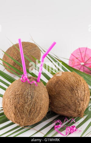 Noix de coco fraîche cocktails avec parasols placés sur des feuilles de cocotier Banque D'Images