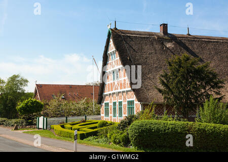 À colombages typique maison de ferme au toit de chaume à la région de l'Altes Land de Basse-Saxe, Allemagne Banque D'Images