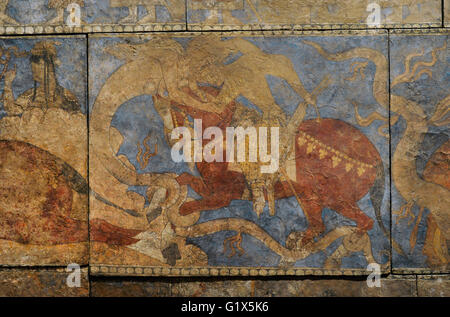 Sogdia. La l'Asie centrale. Peinture murale 'Rustemiada'. Salle Bleue. La peinture murale. La couleur de la colle sèche sur plâtre de loess. Première moitié du 8ème C. Penjikent, au Tadjikistan. Privé VI. 41 Chambre. Le Musée de l'Ermitage. Saint Petersburg. La Russie. Banque D'Images