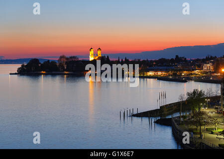 Vue depuis la tour de l'Église Château Moleturm à Friedrichshafen au lac de Constance, l'humeur du soir, le lac de Constance, district de Souabe Banque D'Images