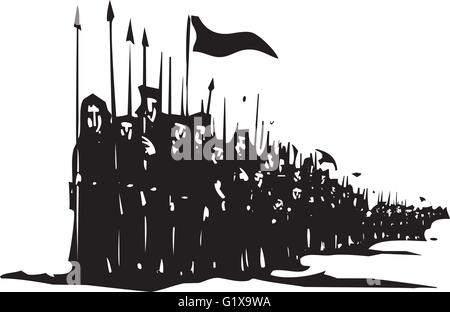 Xylographie expressionniste style image d'une armée de soldats médiévaux avec des lances sur le mars. Illustration de Vecteur