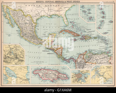 Mexique AMÉRIQUE CENTRALE ANTILLES. Le Panama et le Nicaragua Projet de canaux, 1912 map Banque D'Images