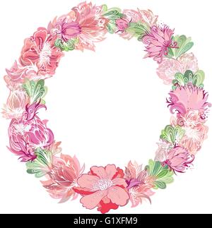 Châssis circulaire faite de croquis fleurs avec effet aquarelle transparente pour carte de visite, invitation, célébration design Illustration de Vecteur