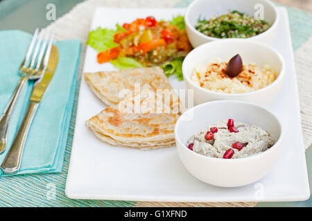 Assortiment de trempettes trempette de pois chiches : hommos, taboulé, salade, baba ganoush et pains plats, pita sur une plaque Banque D'Images
