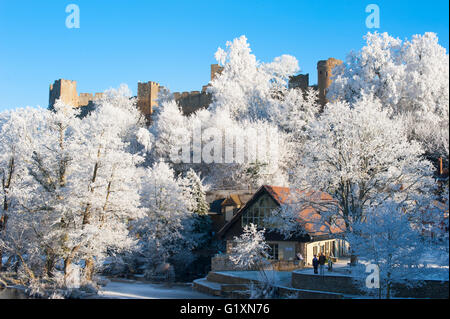Ludlow Castle entouré d'arbres couverts de givre en hiver, Shropshire, Angleterre. Banque D'Images