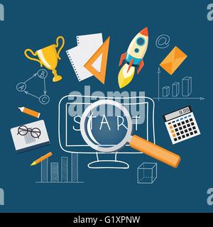 Télévision image vectorielle loupe avec icônes de bureau et d'entreprise à la main des symboles sur le fond bleu 10 eps. Illustration de Vecteur