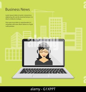 Vector illustration moderne design concept de business news, actualités en ligne, télévision, radio avec fille et ordinateur portable et de l'arrière-plan Illustration de Vecteur