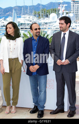 Cannes. 21 mai, 2016. (L) de R à l'acteur iranien Shahab Hosseini, directeur iranien Asghar Farhadi et Taraneh Alidoosti posent l'actrice iranienne le 21 mai 2016 lors d'un photocall pour le film 'Le vendeur (Forushande)' à la 69ème Festival du Film de Cannes, dans le sud de la France. Credit : Jin Yu/Xinhua/Alamy Live News Banque D'Images