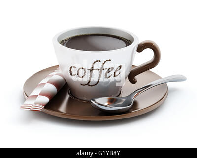 Tasse de café avec du café en grains de café texte isolé sur fond blanc. 3D illustration Banque D'Images