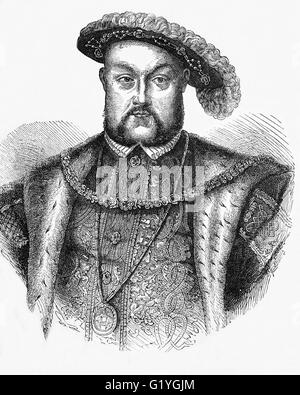 Henry VIII, roi d'Angleterre à partir de 21 avril 1509 jusqu'à sa mort. Il a été le premier roi d'Irlande, et a continué la demande nominale par les monarques anglais du royaume de France. Il était le deuxième monarque de la dynastie Tudor, après avoir succédé à son père, Henry VII. Banque D'Images