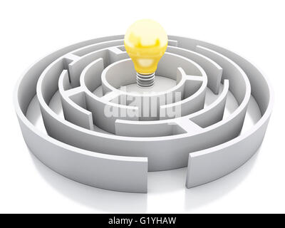 Moteur de rendu 3d image. Labyrinthe blanc avec l'icône de l'ampoule. Isolé sur fond blanc. Banque D'Images