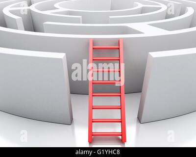 Moteur de rendu 3d image. Labyrinthe blanc rouge avec des escaliers. Défi concept. Banque D'Images