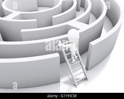 Moteur de rendu 3d image. Les blancs dans un labyrinthe avec escalier blanc. Défi et concept d'entreprise. Isolé sur fond blanc. Banque D'Images