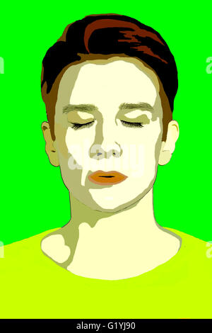 Portrait pop art en vert et jaune de la femme avec les yeux fermés Banque D'Images