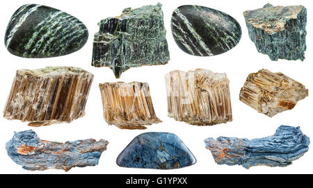 Ensemble de diverses pierres minérales naturelles - amiante (chrysotile, amosite, rhodusite, vert, blanc, marron, bleu) amiante o isolés Banque D'Images