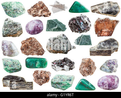 Ensemble de diverses pierres minérales naturelles - diverses pierres et roches mica phlogopite (, muscovite, phyllite, fuchsite, chrome mic Banque D'Images