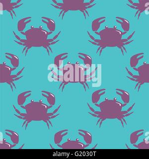Modèle sans couture avec crabe violet sur fond bleu. Illustration de Vecteur