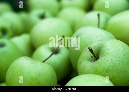 Tas de frais vert pommes Granny Smith. Image en arrière-plan Banque D'Images