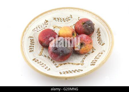 Rotten apples on plate Banque D'Images