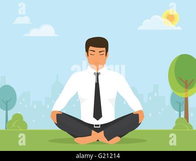 L'homme est le yoga et assis dans la position du lotus dans le parc Illustration de Vecteur