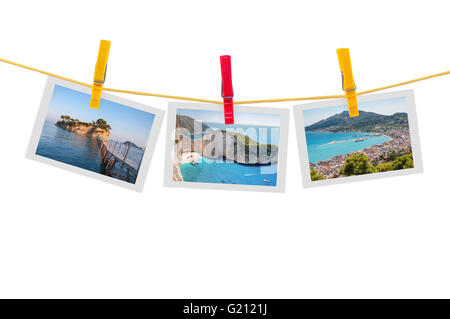 Trois photos de Zakynthos sur corde isolé sur fond blanc avec clipping path Banque D'Images