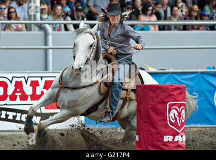 Surrey, Canada. 21 mai, 2016. Une cowgirl en concurrence pour la course de barils dames pendant la Cloverdale Rodeo à Surrey, Canada, Mai 21, 2016. Plus de 95 cowboys et cowgirls participé leurs compétences à la 70e circonscription Cloverdale Rodeo à Surrey, Canada. Cloverdale Rodeo est l'une des plus grandes et plus ancien événement rodéo en Amérique du Nord. Crédit : Andrew Soong/Xinhua/Alamy Live News Banque D'Images