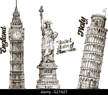 Les voyages. Croquis dessinés à la main, en Angleterre, aux USA, en Italie. Vector illustration Illustration de Vecteur