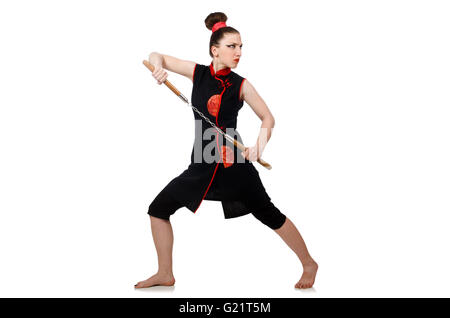 Femme drôle avec nunchucks isolated on white Banque D'Images