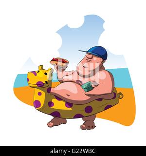 Fat Man sur la plage, ayant un shake et un hot-dog. Le port d'un chapeau bleu et un flotteur. Illustration de Vecteur