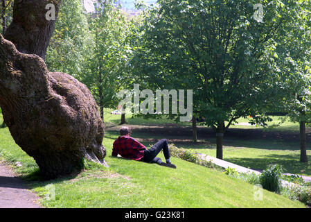 Homme ou garçon couché sur l'herbe du parc Kelvingrove in Glasgow, Scotland, UK. Banque D'Images