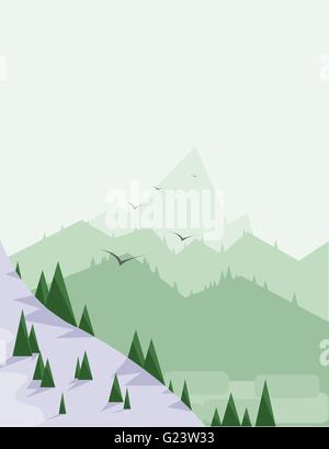 Paysage abstrait avec des pins, de la neige, des oiseaux et des collines vertes, sur un fond vert clair. Digital image vectorielle. Illustration de Vecteur