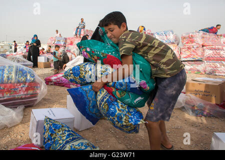 Point de distribution non alimentaire 8000 Personnes déplacées à l'intérieur du peuple iraquien à Khanaqin, camp de réfugiés du nord de l'Iraq Banque D'Images