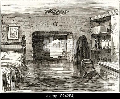 Trou fait dans le mur du chalet pour sauver une famille d'inondation après les tempêtes dans le sud du Pays de Galles Juillet 1875. La gravure sur bois du xixe siècle victorien Banque D'Images