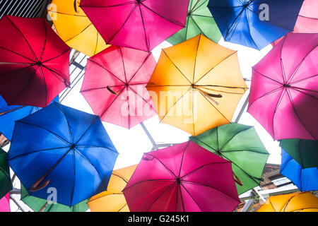 À la recherche jusqu'à multi-colored parasols suspendu d'un toit en verre, Londres, Angleterre. Banque D'Images