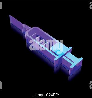 L'icône de la médecine : 3d lumineux néon seringue en verre, vector illustration. Illustration de Vecteur