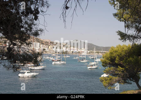 Une belle photo d'une baie d'une distance avec des bateaux à Palma de Majorque, Espagne, littoral, Tourisme, vacances, bateaux, crystal Banque D'Images