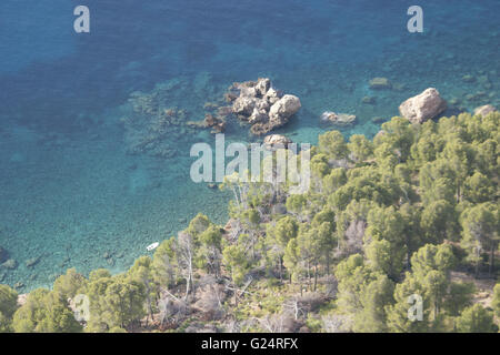 Une belle photo de la mer bleu clair cristal transparent, avec la végétation, Palma de Mallorca, Espagne, mer, tourisme Banque D'Images