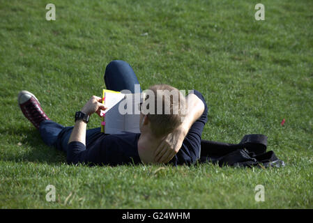 Homme ou garçon couché sur l'herbe du parc Kelvingrove in Glasgow, Scotland, UK. Banque D'Images