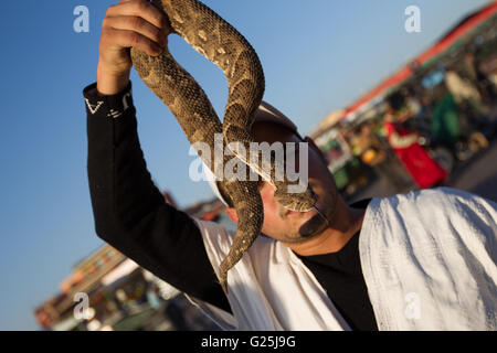 Un charmeur de serpent à la place Jamaa el Fna Marrakech,Maroc Banque D'Images