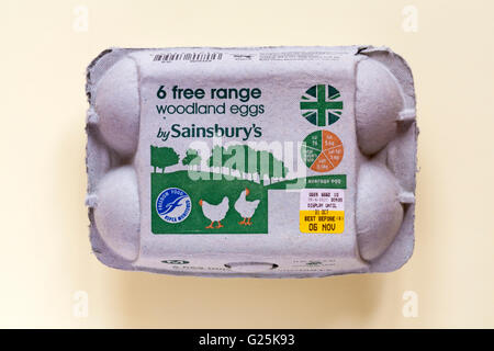 Carton de 6 free range oeufs forestiers par Sainsburys isolé sur fond jaune pâle Banque D'Images