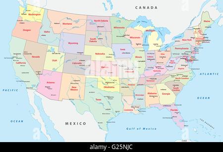 Etats-unis d'Amérique de couleur et administratives politique plan Illustration de Vecteur
