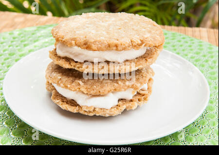 Deux biscuits sandwichs à la crème glacée sur une plaque blanche Banque D'Images