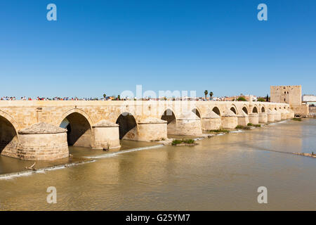 Les touristes marcher sur le célèbre pont romain, Puente Romana, traversant la rivière Guadalquivir à Cordoba Banque D'Images