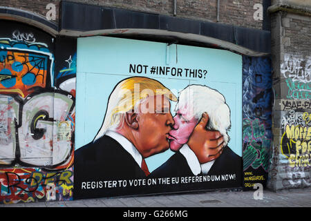 Stokes Croft, Bristol, Royaume-Uni. 24 mai, 2016. Stokes Croft est une région de Bristol, connu pour ses graffitis. Le dernier ajout est cette image de l'US Presidential hopefull Donald Trump et UK 'Brexit' campaignerr Boris Johnson dans une étreinte. Un message explique l'importance de s'inscrire au vote lors du prochain référendum britannique de l'UE. Crédit : Mr Standfast/Alamy Live News Banque D'Images